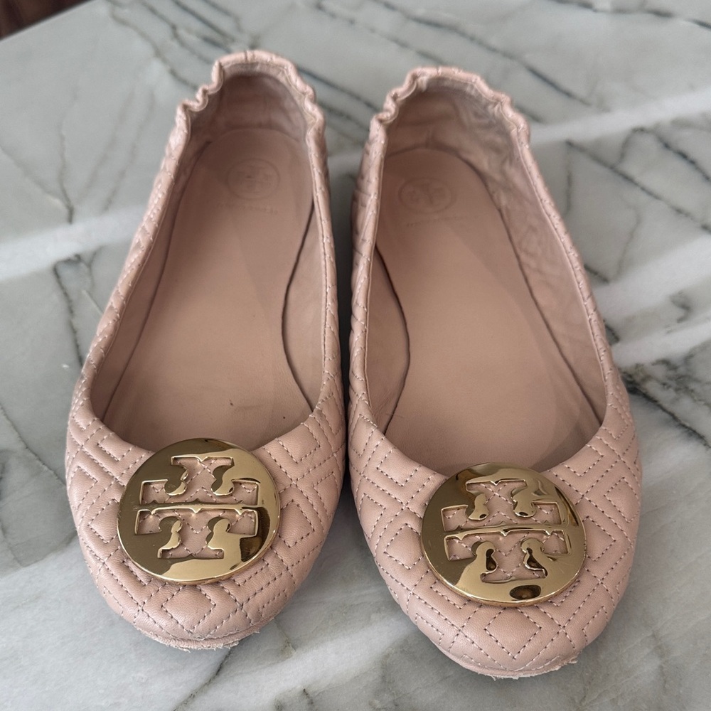 Tory Burch Blush Quilted Flats with Gold Logo